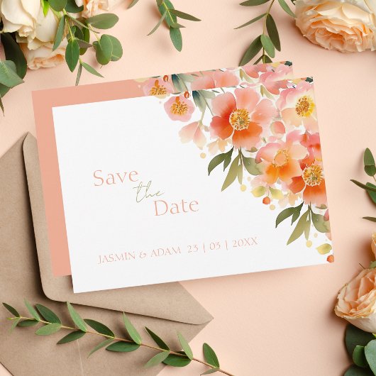 Save The Date Mariage Floral de Pêche Orange Aquarelle moderne
