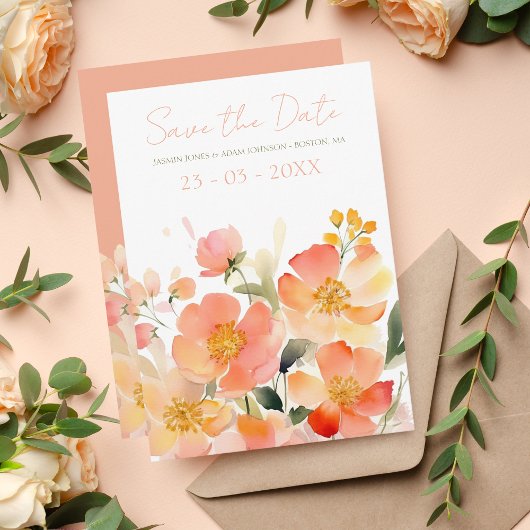 Save The Date Mariage Floral de Pêche Orange Aquarelle moderne