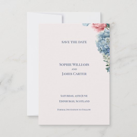 Save The Date Mariage Floral de Rose Rouge Hydrangea Bleue (Devant)