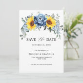 Save The Date Mariage floral de tournesol bleu ardoise poussiére (Debout devant)