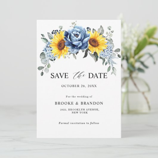 Save The Date Mariage floral de tournesol bleu ardoise poussiére (Debout devant)