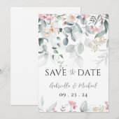 Save The Date Mariage Floral de verdure à l'aquarelle rose (Devant / Derrière)