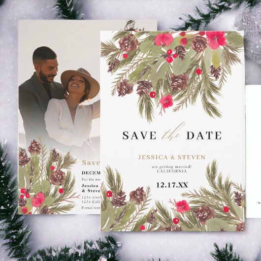 Save The Date Mariage floral d'élégance de pin d'hiver
