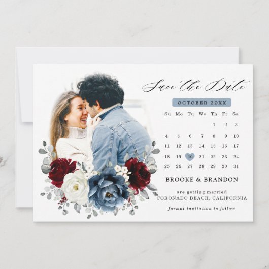 Save The Date Mariage floral d'ivoire blanc bleu ardoise (Devant)
