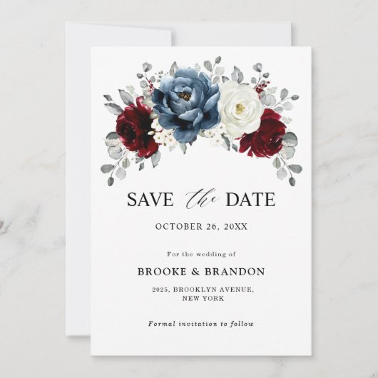 Save The Date Mariage floral d'ivoire blanc bleu ardoise (Devant)