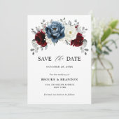 Save The Date Mariage floral d'ivoire blanc bleu ardoise (Debout devant)