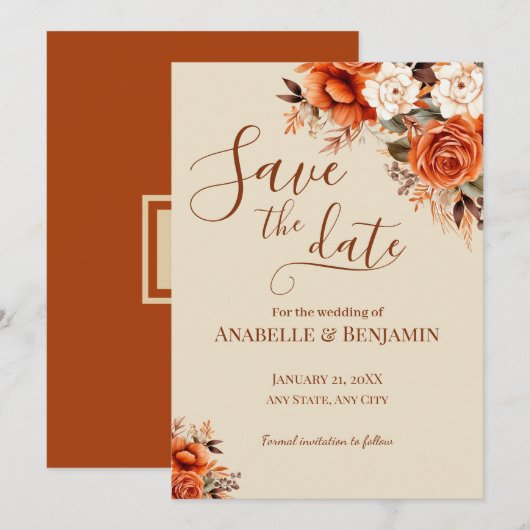 Save The Date Mariage floral d'orange brûlé et de rouille (Devant / Derrière)