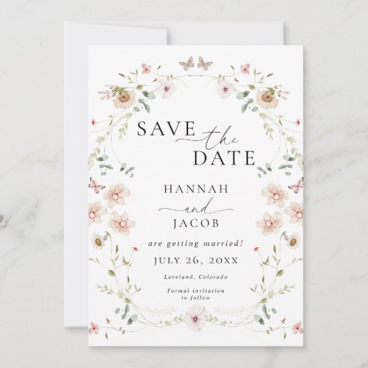 Save The Date Mariage Floral Élégant de Fleurs Sauvages (Devant)