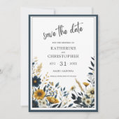 Save The Date Mariage floral élégant en or bleu (Devant)