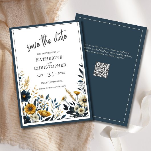 Save The Date Mariage floral élégant en or bleu