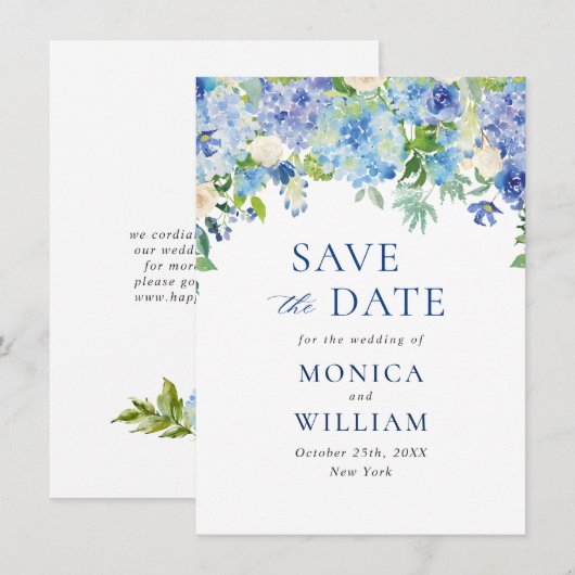 Save The Date Mariage Floral Élégant Hydrangea Bleu (Devant / Derrière)