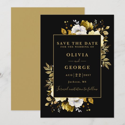 Save The Date Mariage Floral Élégant Noir Et Or (Devant / Derrière)