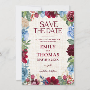 Save The Date Mariage floral, élégante Bourgogne & Marine Romant