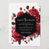 Save The Date Mariage Floral Enjoué Rouge Cramoisi (Devant / Derrière)