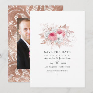 Save The Date Mariage floral et en dentelle rose poudré et or ro