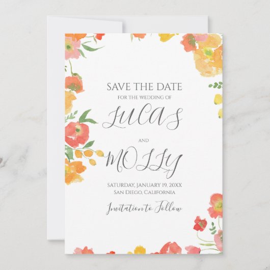 Save The Date Mariage Floral Été Rose et Orange (Devant)