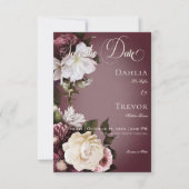 Save The Date Mariage floral foncé élégant bordeaux & crème flou (Devant)