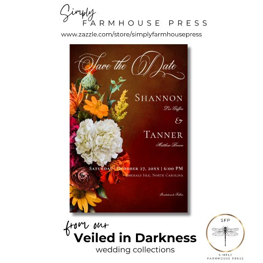 Save The Date Mariage floral foncé élégant été coucher de soleil