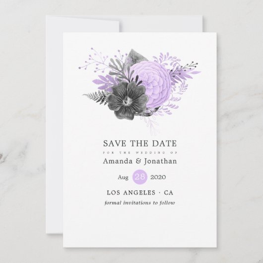 Save The Date Mariage Floral Foncé et Lilas (Devant)