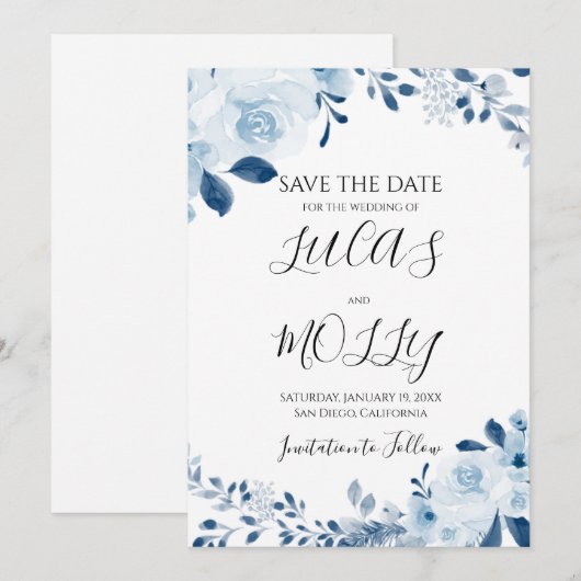 Save The Date Mariage Floral Français Bleu Moderne (Devant / Derrière)