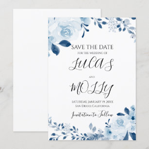 Save The Date Mariage Floral Français Bleu Moderne
