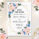 Save The Date Mariage floral géométrique bleu foncé rose<br><div class="desc">Ces cartes de dattes présentent un motif floral aquarelle avec des fleurs bleues et roses rousses poussiéreuses, des feuilles d'eucalyptus et un cadre géométrique en faux or. Personnalisez ces cartes avec votre propre texte. Ces cartes font partie d'une collection qui comprend d'autres éléments mariages. Veuillez consulter la page de collection...</div>