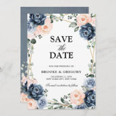 Save The Date Mariage floral géométrique bleu foncé Sa (Devant / Derrière)