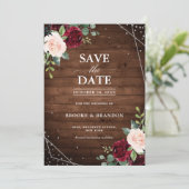 Save The Date Mariage Floral Géométrique Bois Rustique Bourgogne (Debout devant)