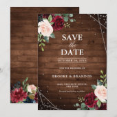 Save The Date Mariage Floral Géométrique Bois Rustique Bourgogne (Devant / Derrière)