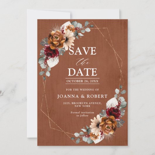 Save The Date Mariage Floral Géométrique Terracotta Sage Bourgog (Devant)