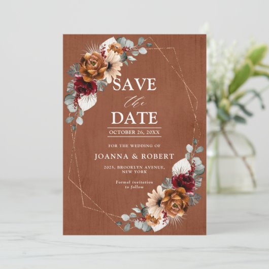 Save The Date Mariage Floral Géométrique Terracotta Sage Bourgog (Debout devant)