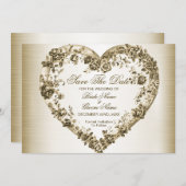 Save The Date Mariage Floral Golden Ornate Heart Frame Élégant (Devant / Derrière)