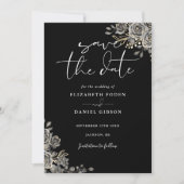 Save The Date Mariage Floral Gothique Noir Et Blanc Monogramme (Devant)