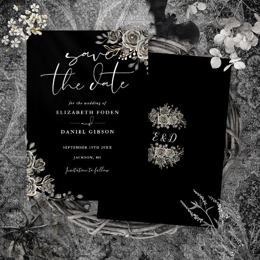 Save The Date Mariage Floral Gothique Noir Et Blanc Monogramme