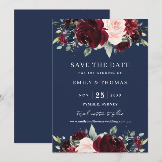 Save The Date Mariage Floral Greenery Navy Rouille Burgundy (Devant / Derrière)