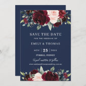 Save The Date Mariage Floral Greenery Navy Teint de Bourgogne Ru (Devant / Derrière)