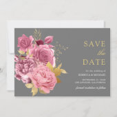 Save The Date Mariage floral gris doré mauve rose (Devant)