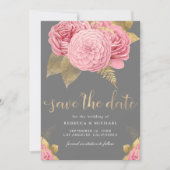 Save The Date Mariage Floral Gris Rustique Poussiéreux Rose Doré (Devant)