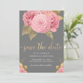 Save The Date Mariage Floral Gris Rustique Poussiéreux Rose Doré (Debout devant)