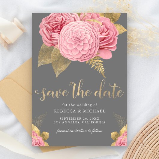 Save The Date Mariage Floral Gris Rustique Poussiéreux Rose Doré