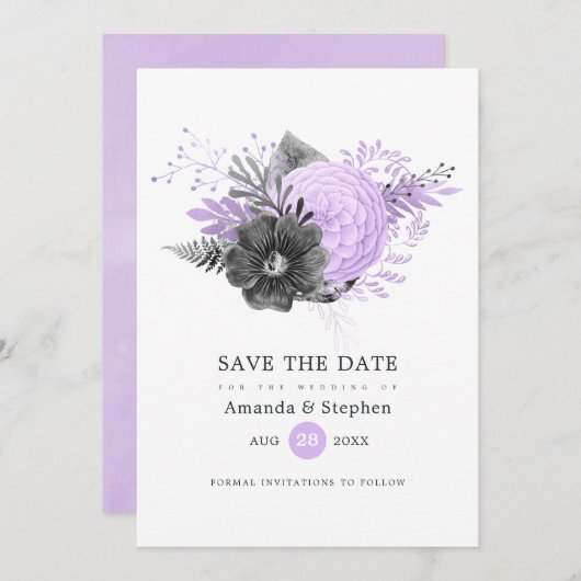 Save The Date Mariage floral Lilac et Charcoal (Devant / Derrière)