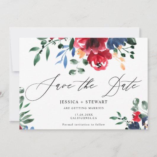 Save The Date Mariage floral marine bordeaux rustique enregistre (Devant)