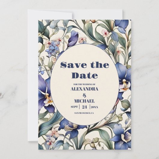 Save The Date Mariage floral marine et bleu clair (Devant)