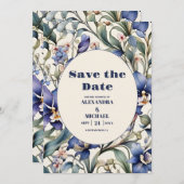 Save The Date Mariage floral marine et bleu clair (Devant / Derrière)