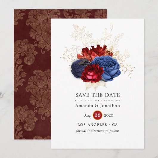 Save The Date Mariage floral marine, rouge et or (Devant / Derrière)