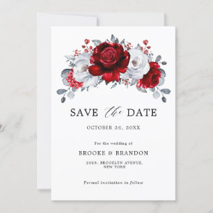 Save The Date Mariage Floral Métallisé Rouge Blanc Argent Royal