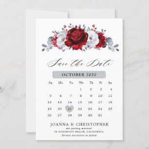 Save The Date Mariage Floral Métallisé Rouge Royal Blanc Argent