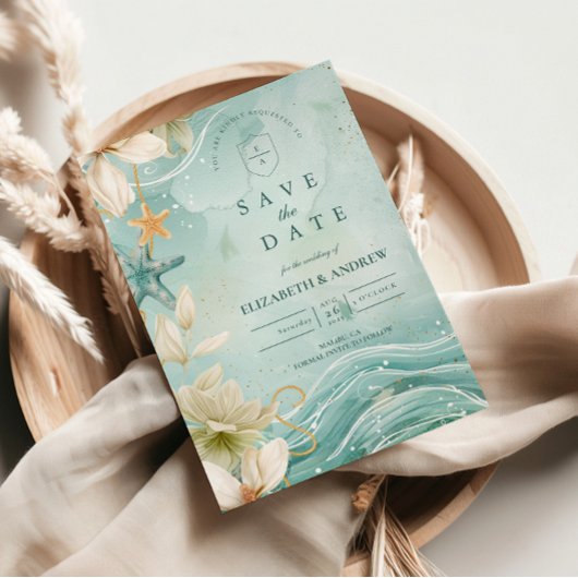 Save The Date Mariage Floral Moderne à Vague Côtière