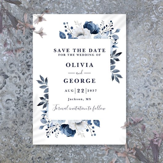 Save The Date Mariage floral moderne bleu marine