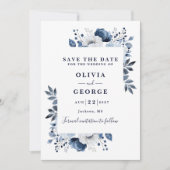 Save The Date Mariage floral moderne bleu marine (Devant)